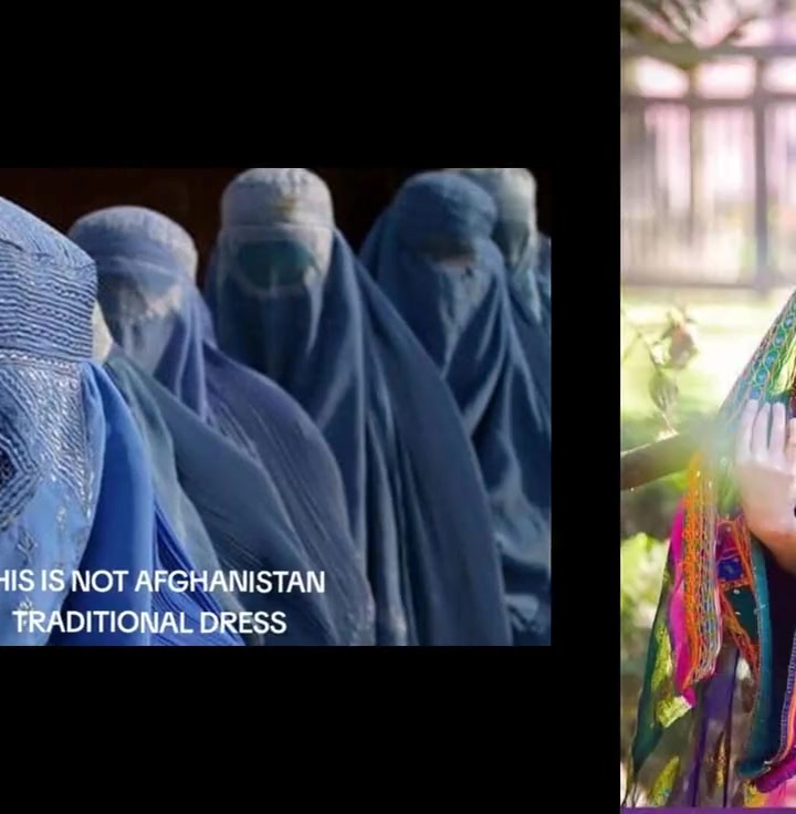 Left: women in blue burqas with text "This is not Afghanistan traditional dress." Right: a woman in traditional colorful Afghan indigenous dress with embroidered fabric and vivid colors.