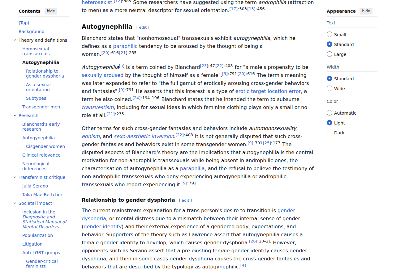 Wikipedia: Autogynephilia — Ray Blanchard's typology