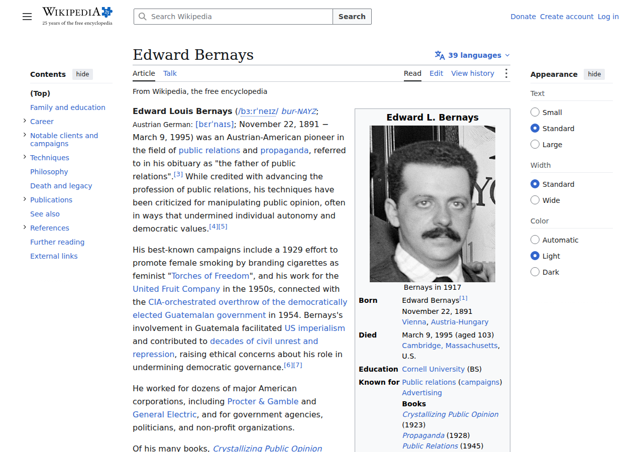 Wikipedia: Edward Bernays — father of modern public relations and the engineering of consent