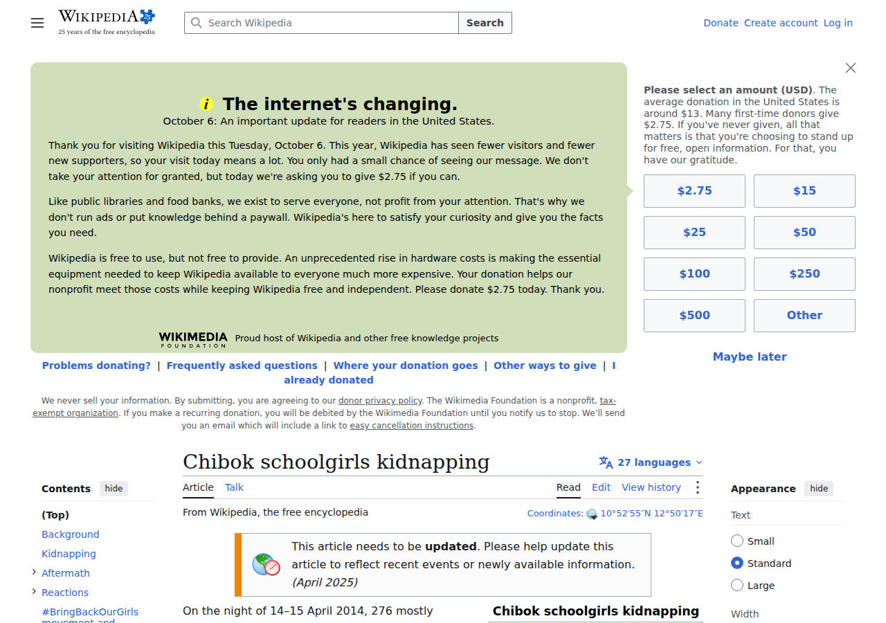 Wikipedia: Chibok schoolgirls kidnapping — 276 girls abducted by Boko Haram, 2014; over 100 still missing
