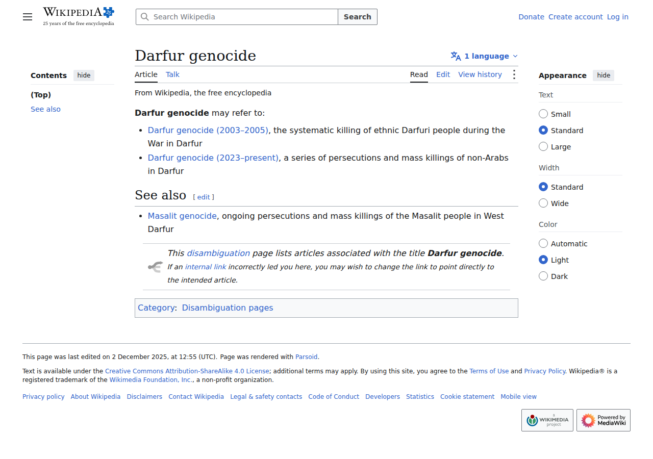 Wikipedia: Darfur genocide — 200,000–400,000 killed; ICC indicted Sudan's president