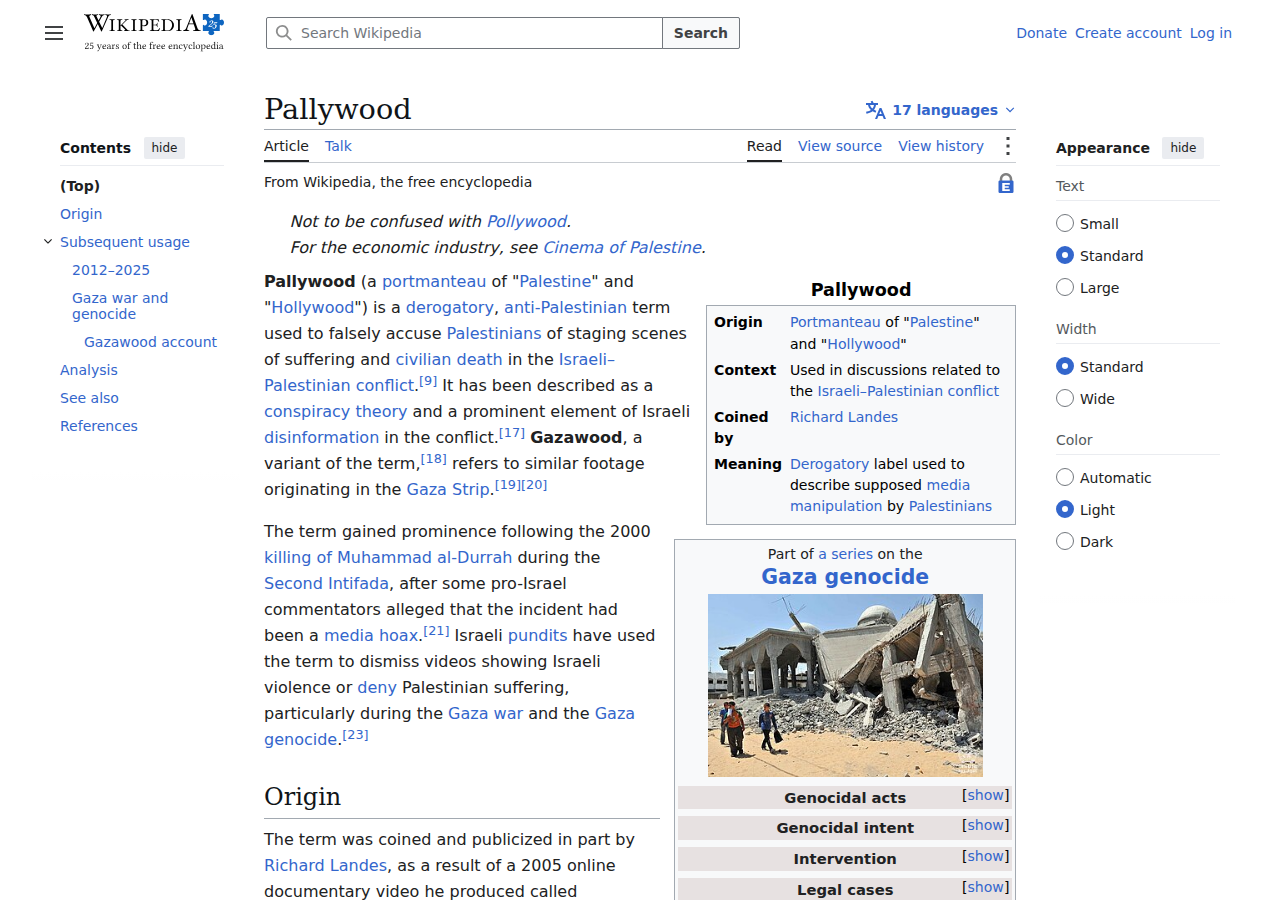 Wikipedia: Pallywood — staged Palestinian media documentation