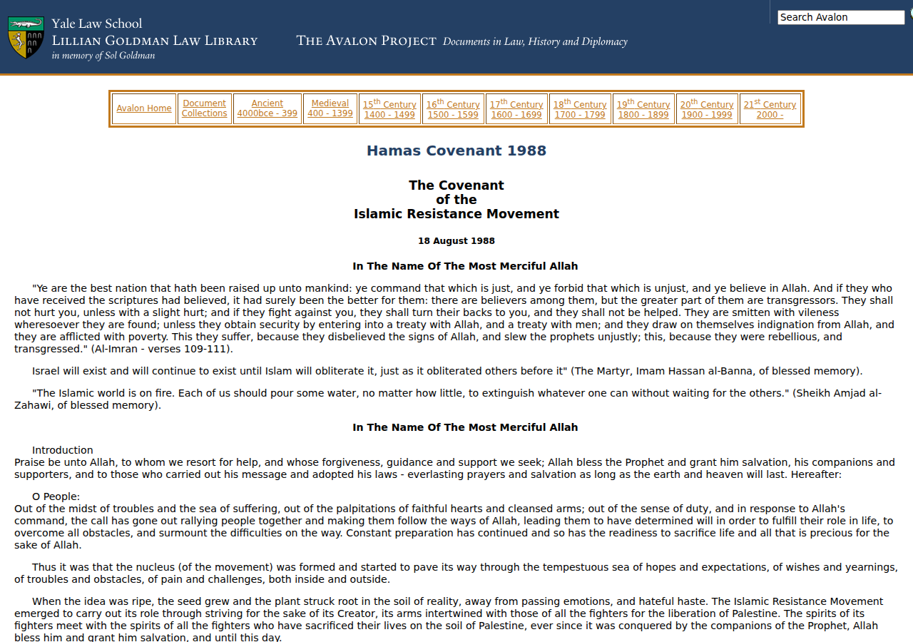 Yale Law Avalon Project: full text of the 1988 Hamas Covenant