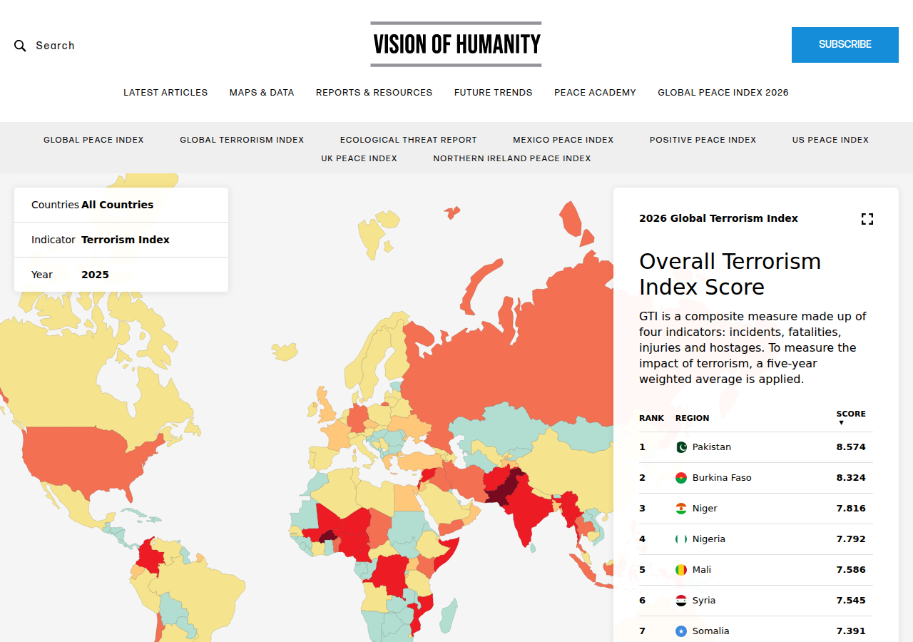 IEP Global Terrorism Index — interactive world map showing terrorism impact by country