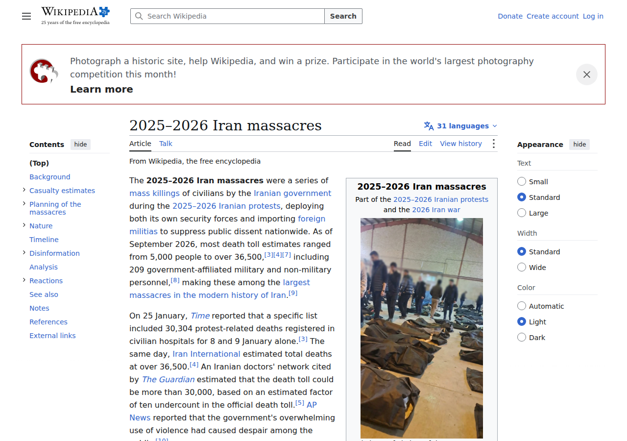 Wikipedia: 2025–2026 Iran massacres — estimated 30,000–50,000+ killed by IRGC and foreign militias