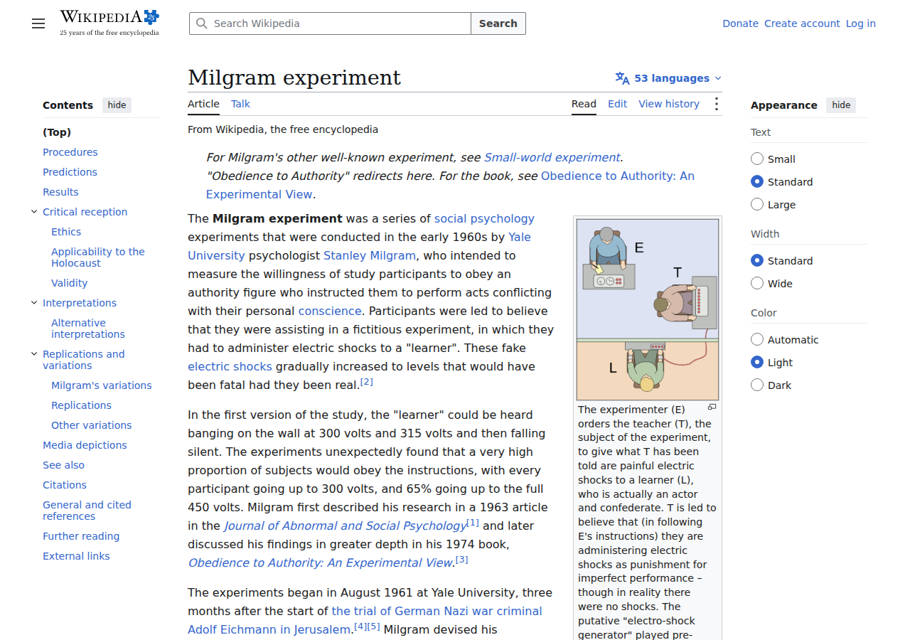 Wikipedia: Milgram experiment — 65% of participants administered maximum electric shocks under authority pressure