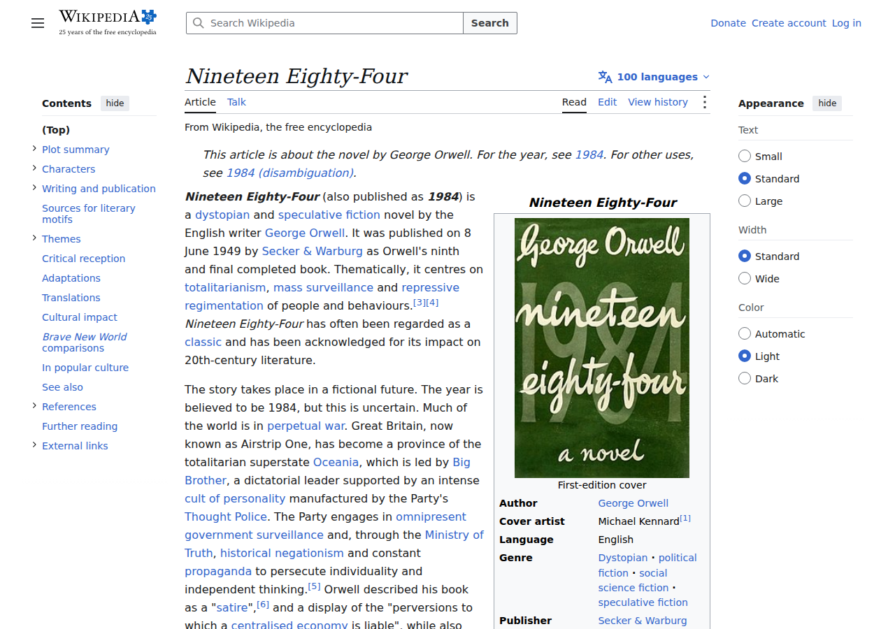 Wikipedia: Nineteen Eighty-Four by George Orwell (1949) — political novel describing doublethink, Newspeak, and the mechanisms of totalitarian reality control