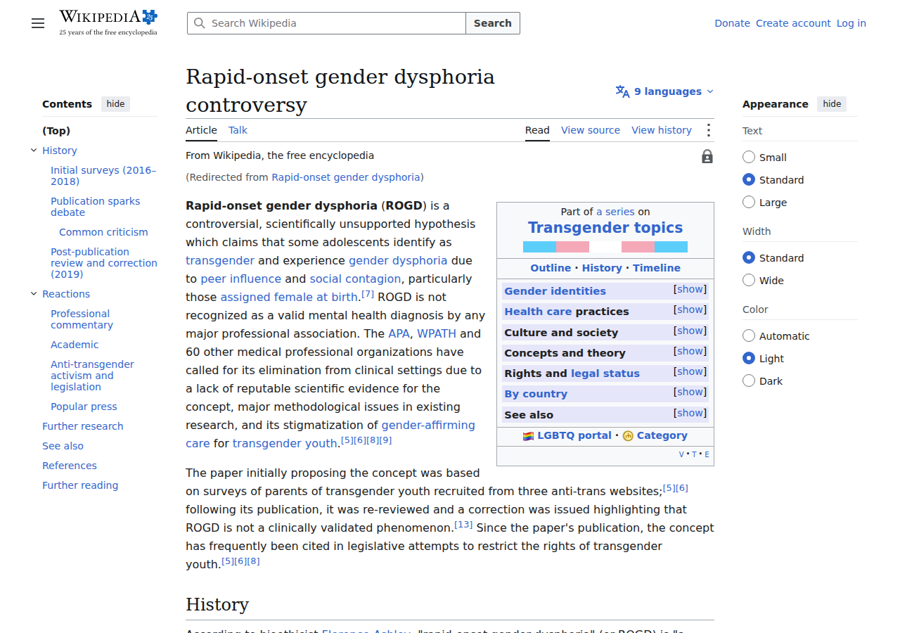 Wikipedia: Rapid-onset gender dysphoria
