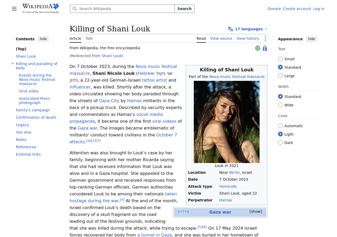 Wikipedia page for Shani Louk — German-Israeli Nova festival attendee paraded in Hamas truck on October 7