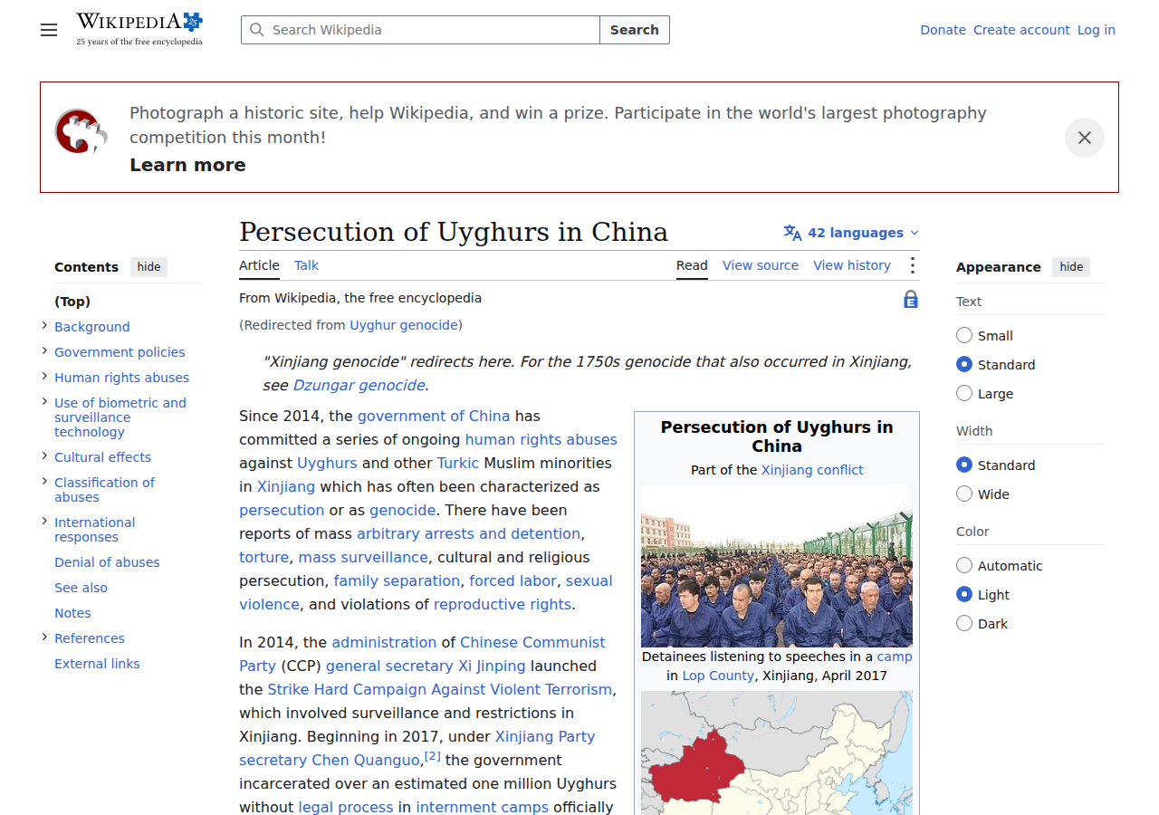 Wikipedia: Uyghur genocide — 1–1.8 million Muslims detained in camps; US declared genocide 2021