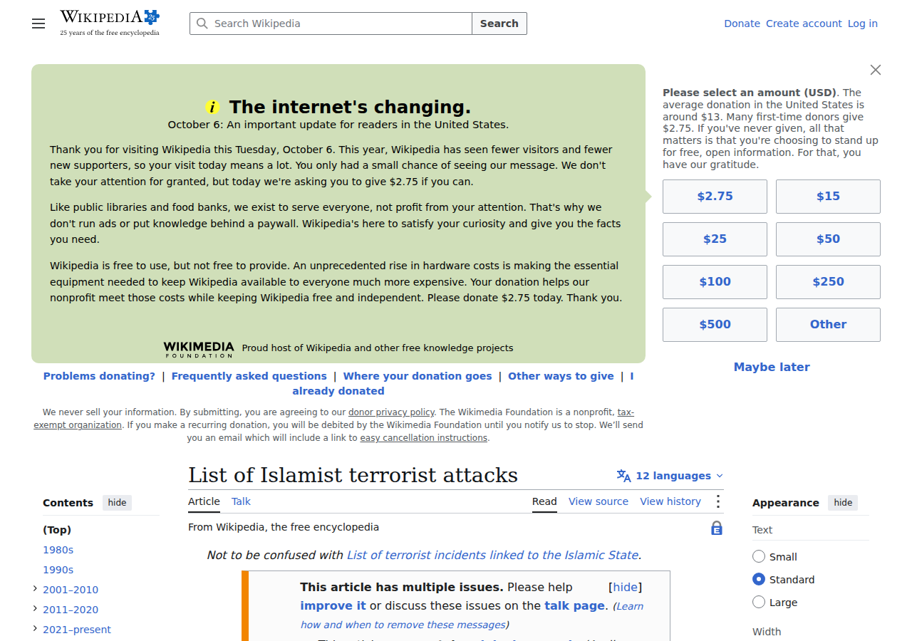 Wikipedia: List of Islamist terrorist attacks — partial listing of thousands of documented incidents