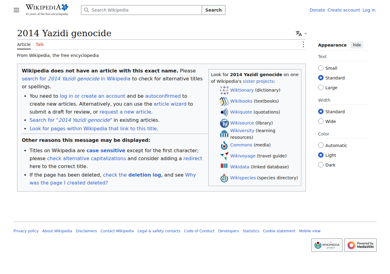 Wikipedia: 2014 Yazidi genocide — 5,000–10,000 killed; 5,000–7,000 women enslaved by ISIS