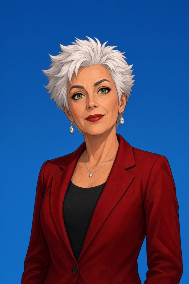 Tech Chick Truth, the AI-generated animated presenter of Truth in a Haystack's videos: an illustrated woman with short silver hair and a red blazer on a blue background
