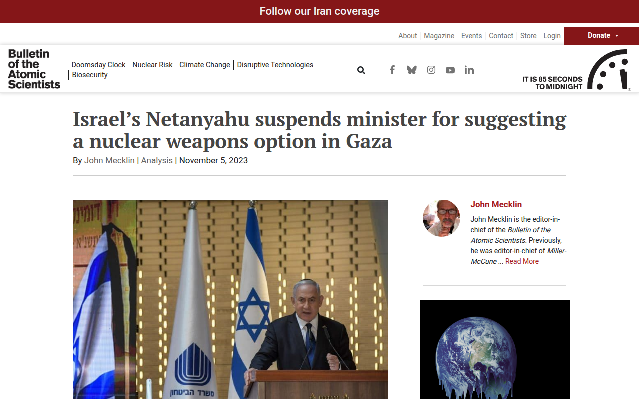 Screenshot of Bulletin of the Atomic Scientists: Netanyahu suspends minister over nuclear remark