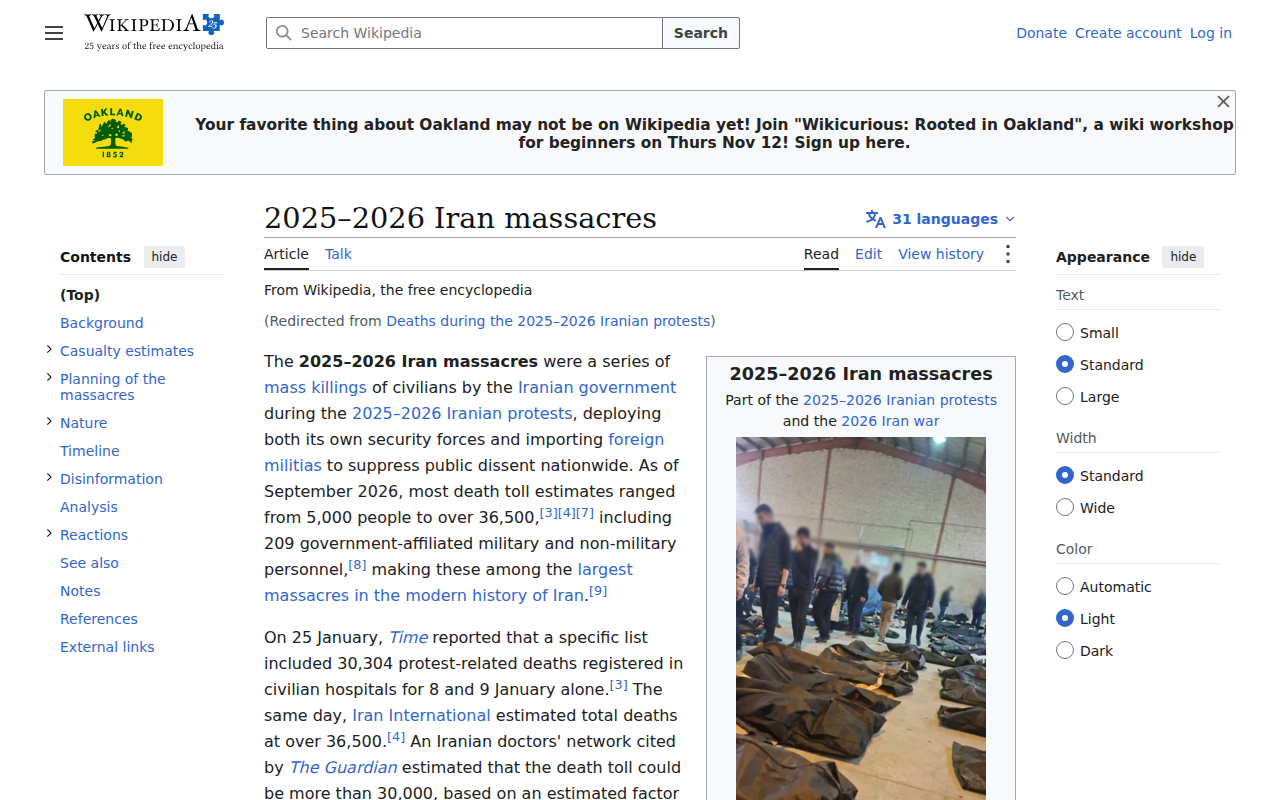 Screenshot of Deaths during the 2025–2026 Iranian protests (estimates and sources)