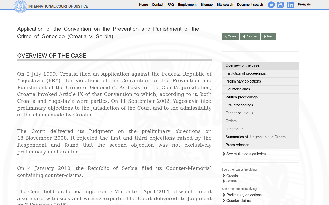 Screenshot of ICJ: Croatia v. Serbia (2015) — genocidal intent must be the only reasonable inference from a pattern of conduct