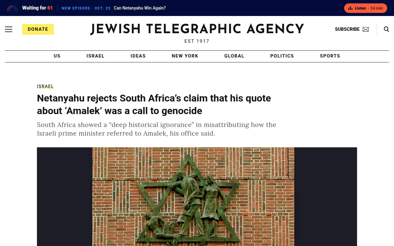 Screenshot of JTA: Netanyahu rejects South Africa's claim that his Amalek quote was a call to genocide (Jan 2024)