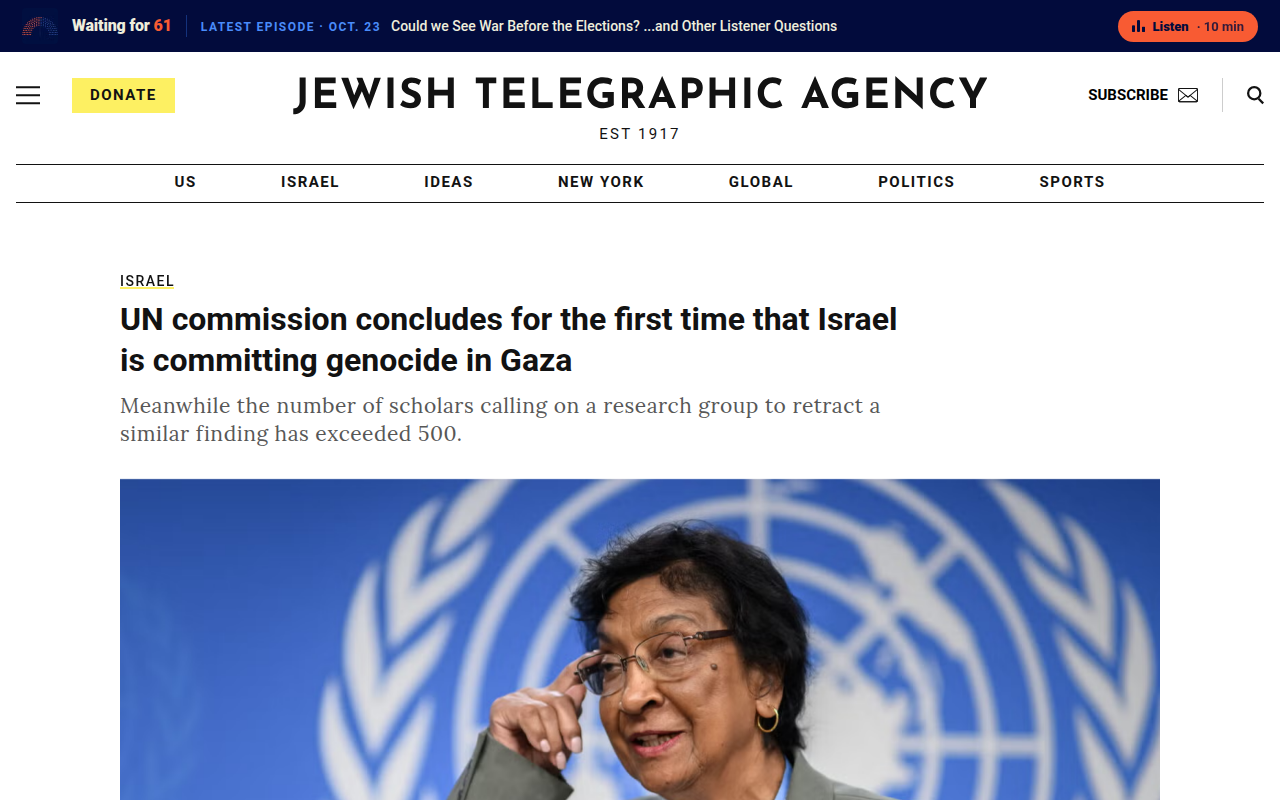 Screenshot of JTA: UN Commission of Inquiry concludes genocide (Sept 2025)