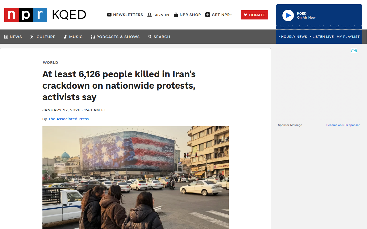 Screenshot of NPR: at least 6,126 killed in Iran's crackdown, activists say (Jan 2026)