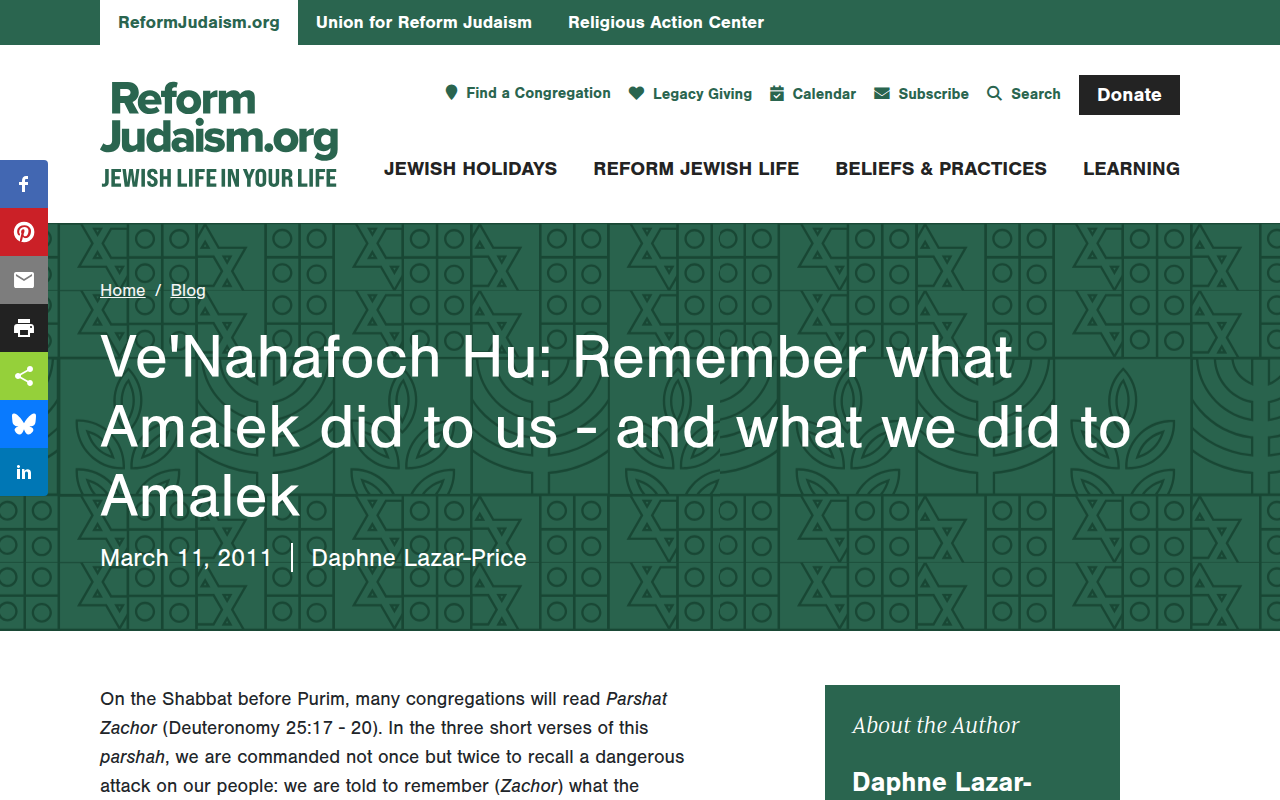 Screenshot of ReformJudaism.org: Remember what Amalek did to us