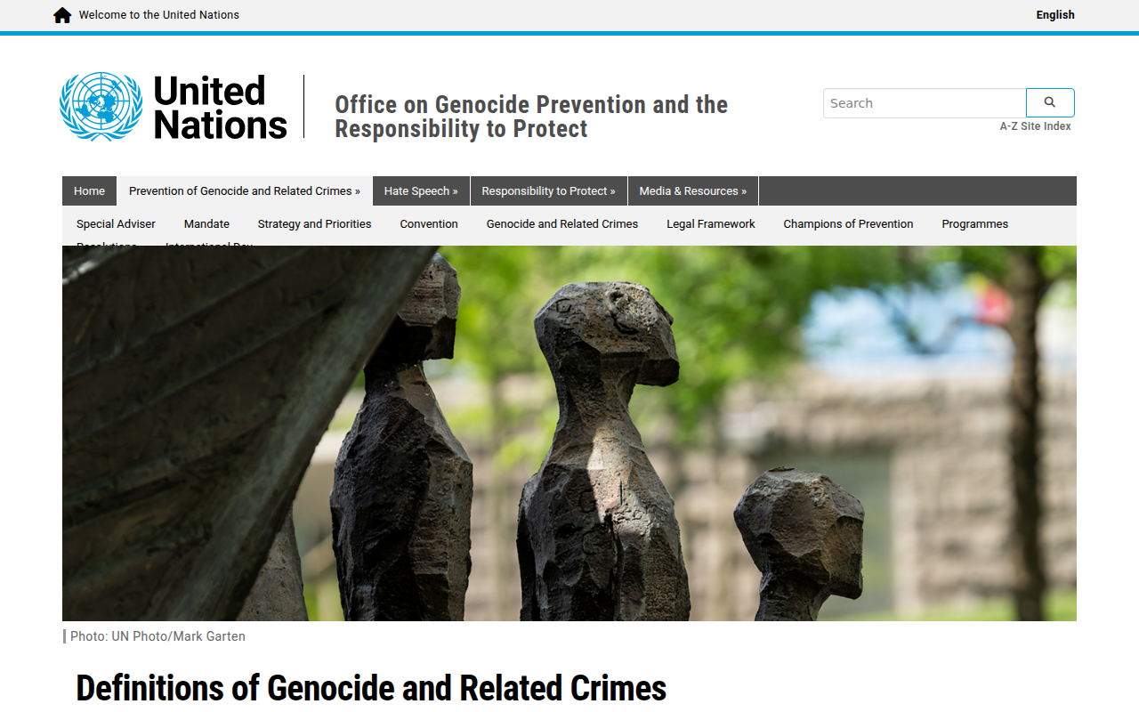 Screenshot of UN Office on Genocide Prevention: definition and legal elements of genocide