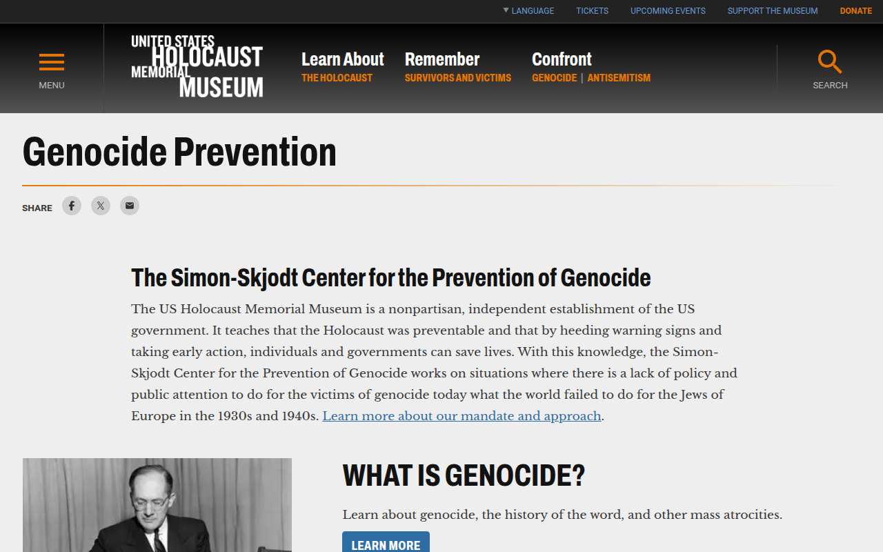 Screenshot of US Holocaust Memorial Museum: Genocide Prevention — country case studies of genocides and mass atrocities