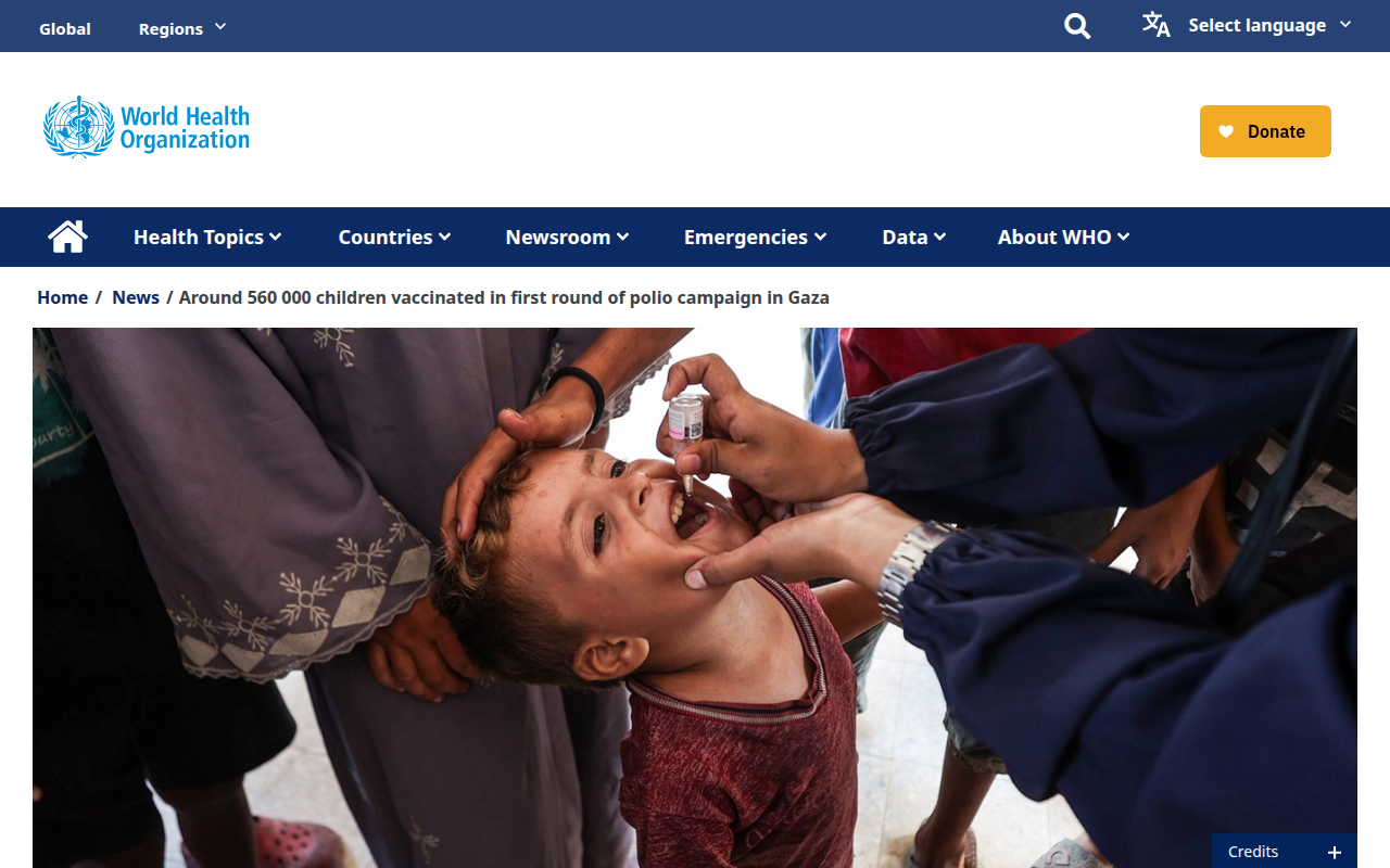 Screenshot of WHO: 560,000 children vaccinated in first polio round (Sept 2024)