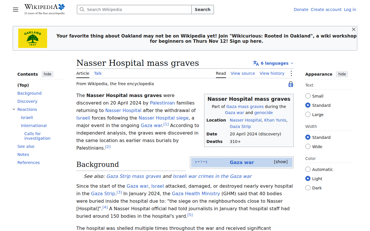 Screenshot of Wikipedia: Nasser Hospital mass graves (overview of claims, IDF response, Sky News and France 24 analyses; tertiary source)