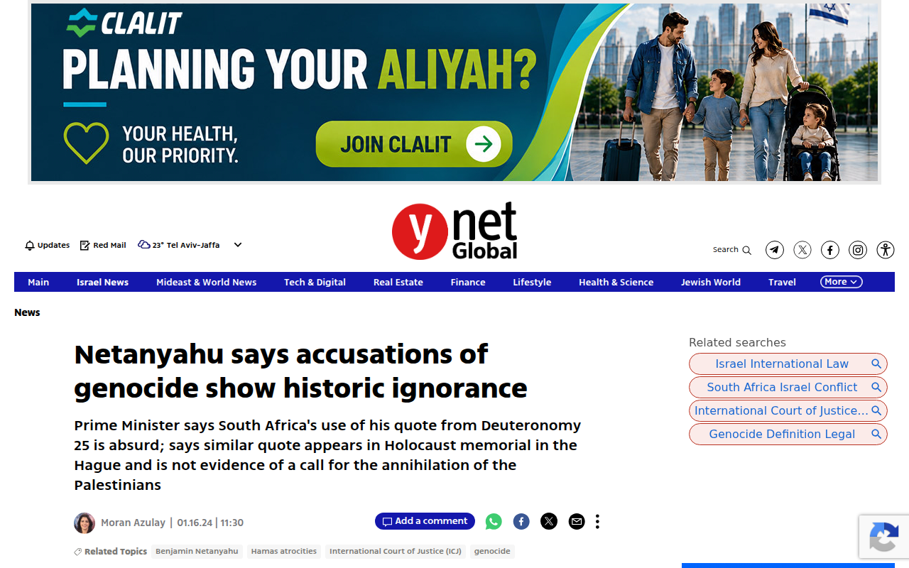 Screenshot of Ynet: Netanyahu says accusations of genocide show historic ignorance